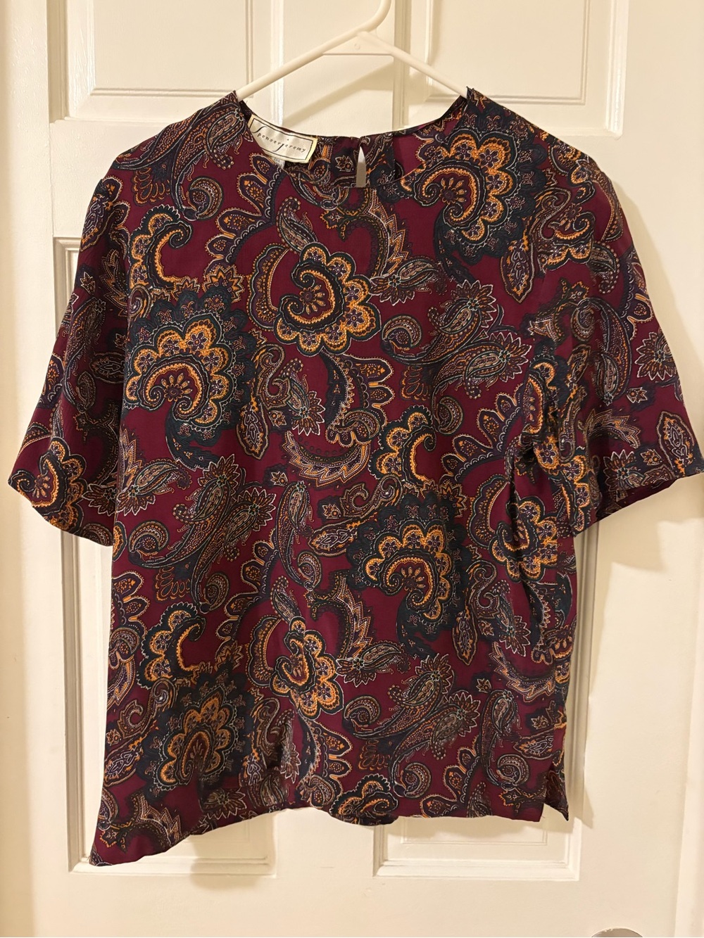 Silk Paisley Short-Sleeve Blouse - Burgundy